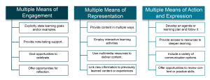 The following is a description of the UDL Examples graphic organizer pictured in the module. The dark teal column, from top to bottom, states: Multiple Means of Engagement • Explicitly state learning goals and/or examples. • Provide note-taking support. • Give opportunities to celebrate. • Offer opportunities for reflection. The medium teal column, from top to bottom, states: Multiple Means of Representation • Provide content in multiple ways. • Employ interactive learning activities. • Use multimedia resources to deliver content. • Link new information to previously learned content or experiences. The lightest teal column, from top to bottom, states: Multiple Means of Action and Expression • Develop an agenda or learning plan and follow it. • Provide access to resources to deepen learning. • Include a variety of communication options. • Offer opportunities to review content or practice skills.