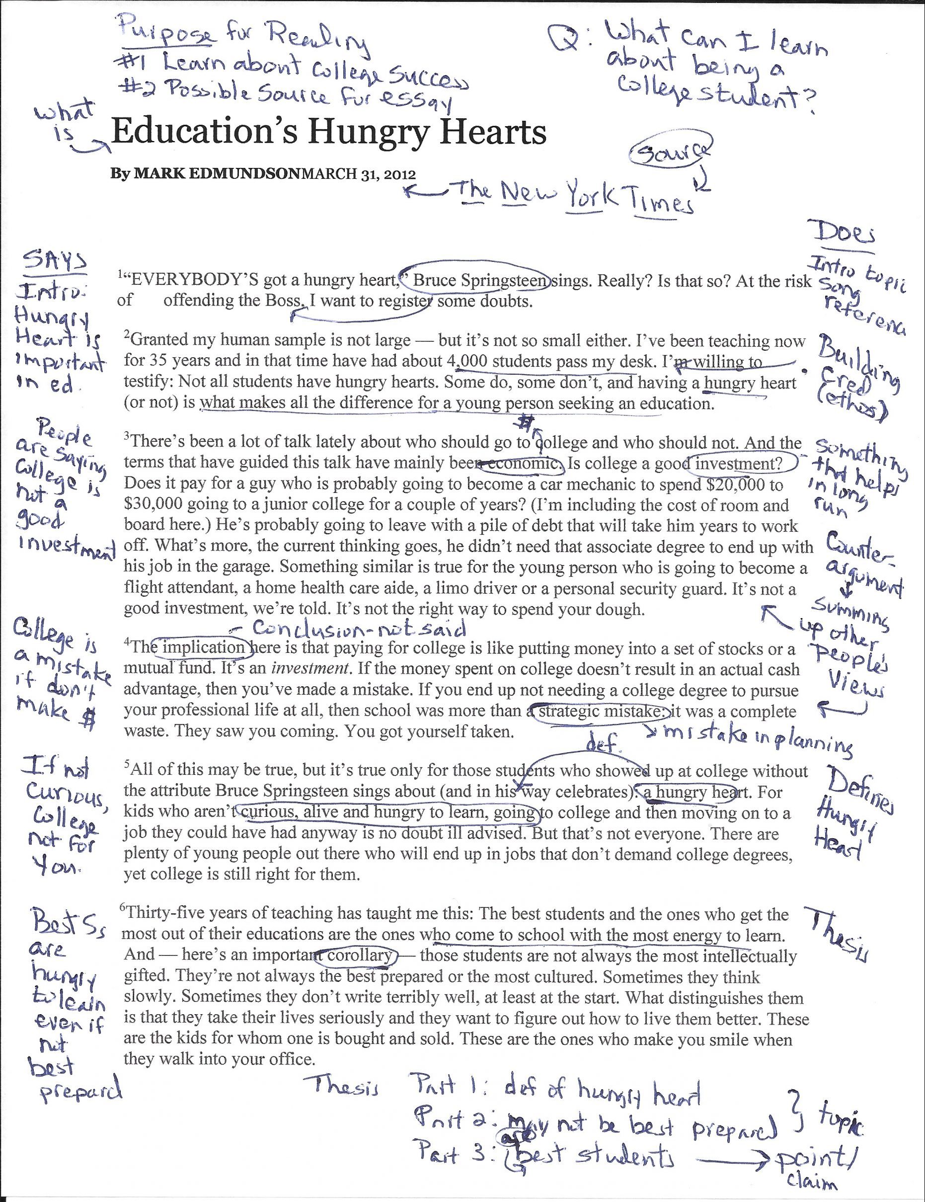 A scanned article titled 'Education's Hungry Hearts.' It is heavily annotated in blue pen.