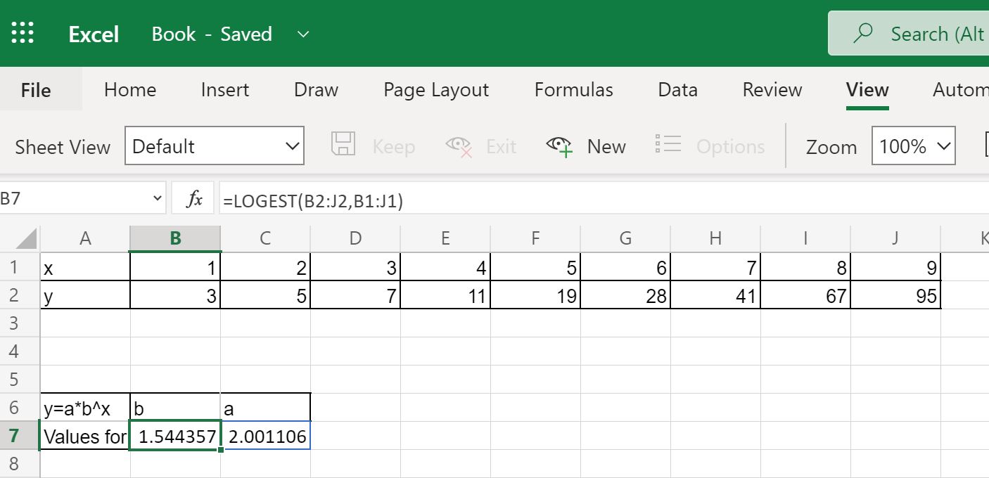 Screenshot of the table of x and y values along with output of the function in B7 =LOGEST(B2:J2,B1:J1)