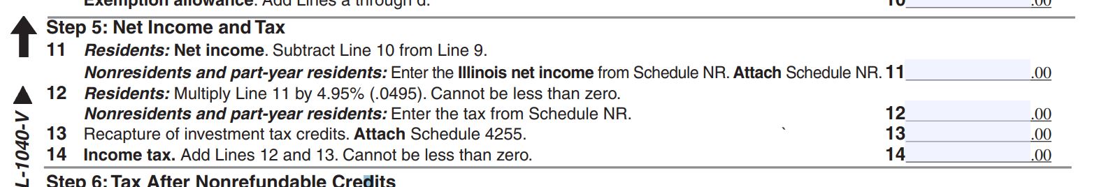 Illinois Income tax showing line 12 instructions to multiply line 11 by 4.95%