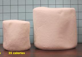 Two Marshmallows: Regular is about 3.5 units wide and 3.5 unites tall; Jumbo is about 5.5 units wide and 5 units tall