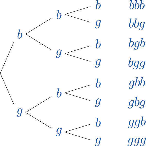 Tree diagram starting with b and g and each branching out to two choices of either b or g until we have branches that list out bbb, bbg, bgb, bgg, gbb, gbg, ggb, ggb, ggg.