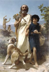 Painting of old man in white robe being led by young male with dog.