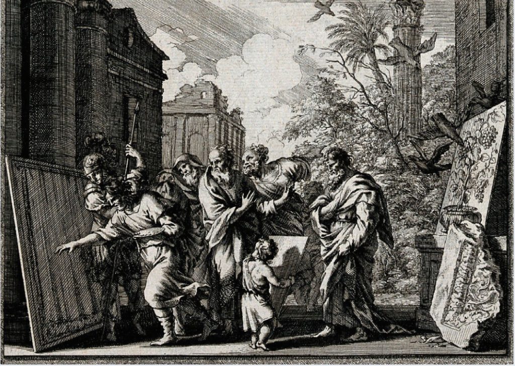 Black and white image of Zeuxis conceding defeat and surrounded by others with small child in foreground