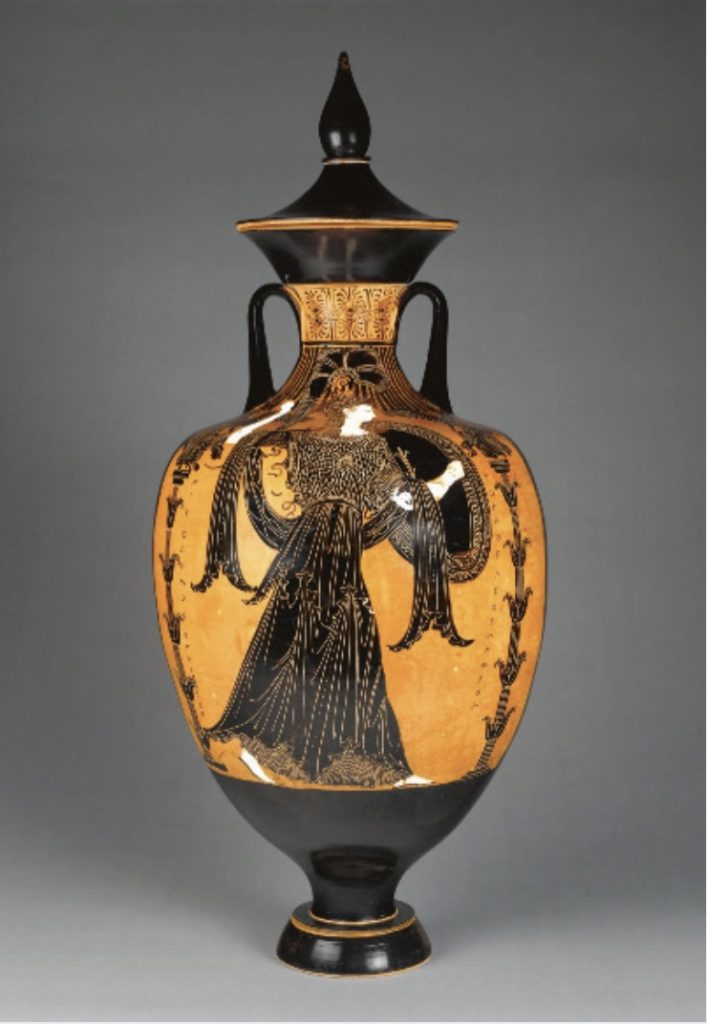 Photo of an amphora pottery piece, a tall two-handled jar with a narrow neck
