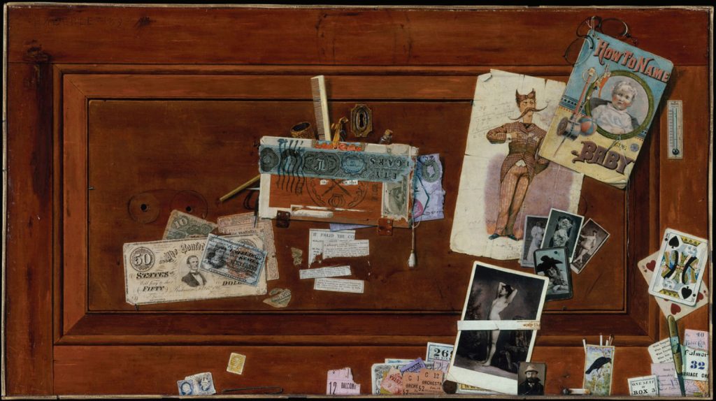 Image of trompe l'oeil painting of a drawer with money, playing cards, small pin-ups, and other small items