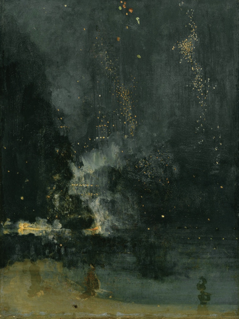 Painting of Nocturne in Black and Gold: The Falling Rocket depicting hues of black gold, and dark green