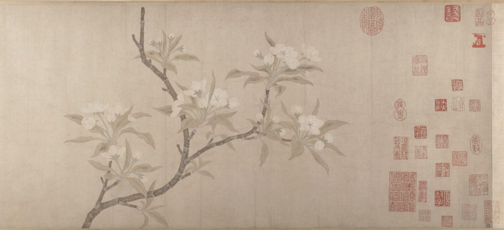 Image of hand-scroll painting depicting branch of pear tree with blossoms