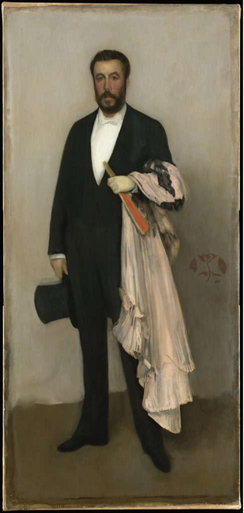 Painting of tall man wearing dark suit holding top hat at side and fabric over other arm