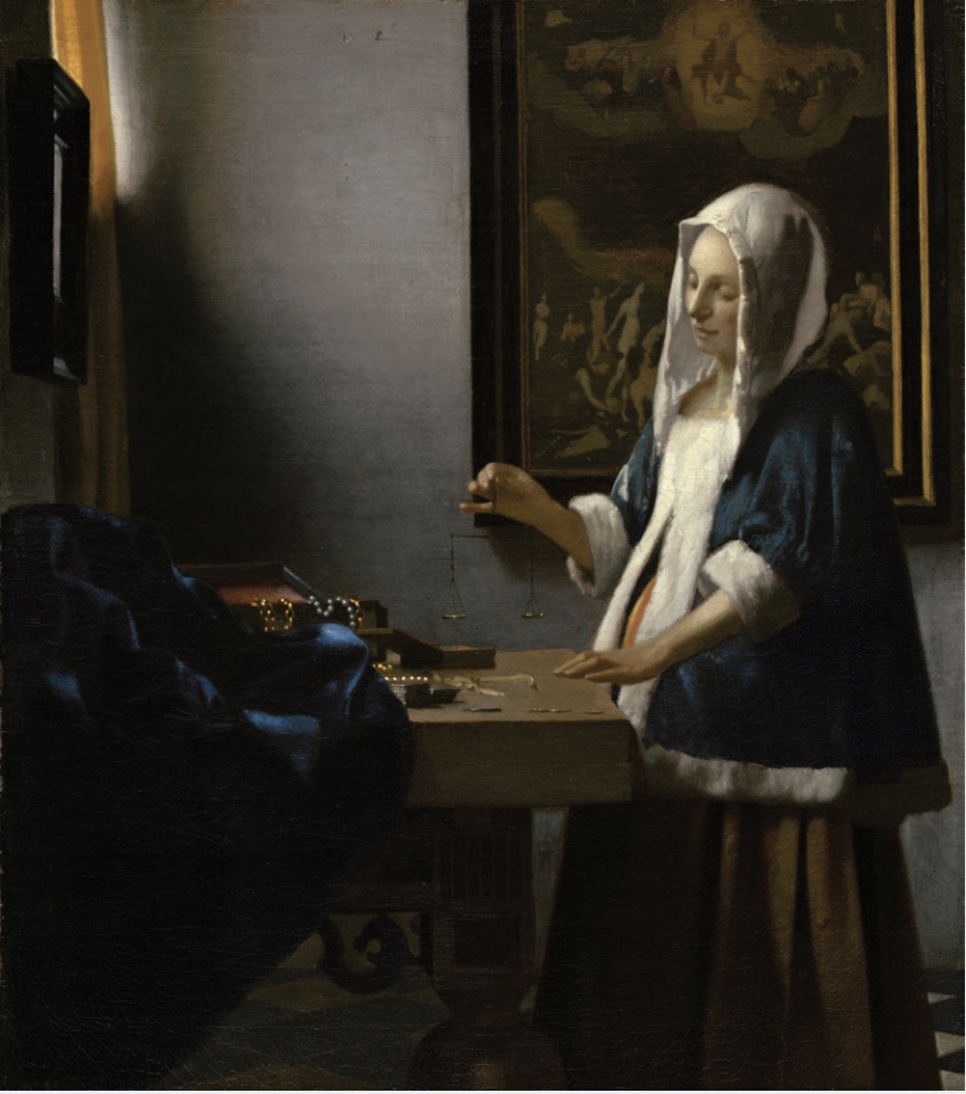 Painting of hooded woman holding a balance at a table