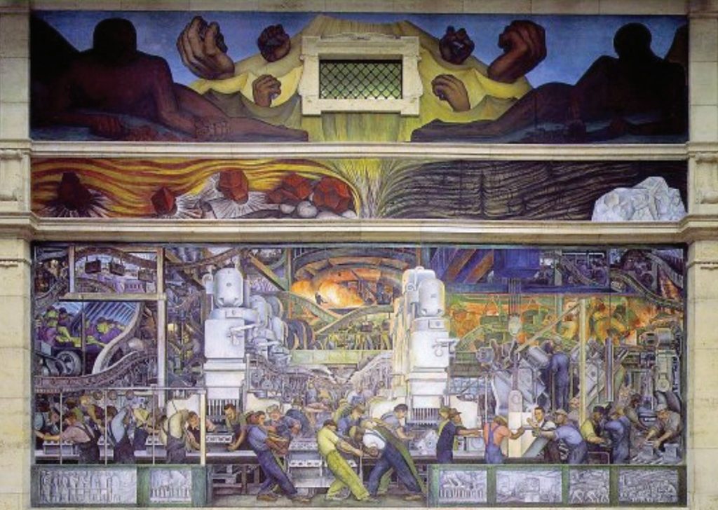 Photo of Diego Rivera mural showing Ford manufacturing and other modern industries.