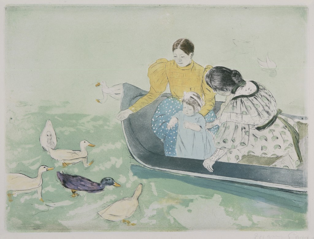 Image of a sketch with aquatint showing two women in a boat with a child feeding 5 white ducks and one black one on green water.