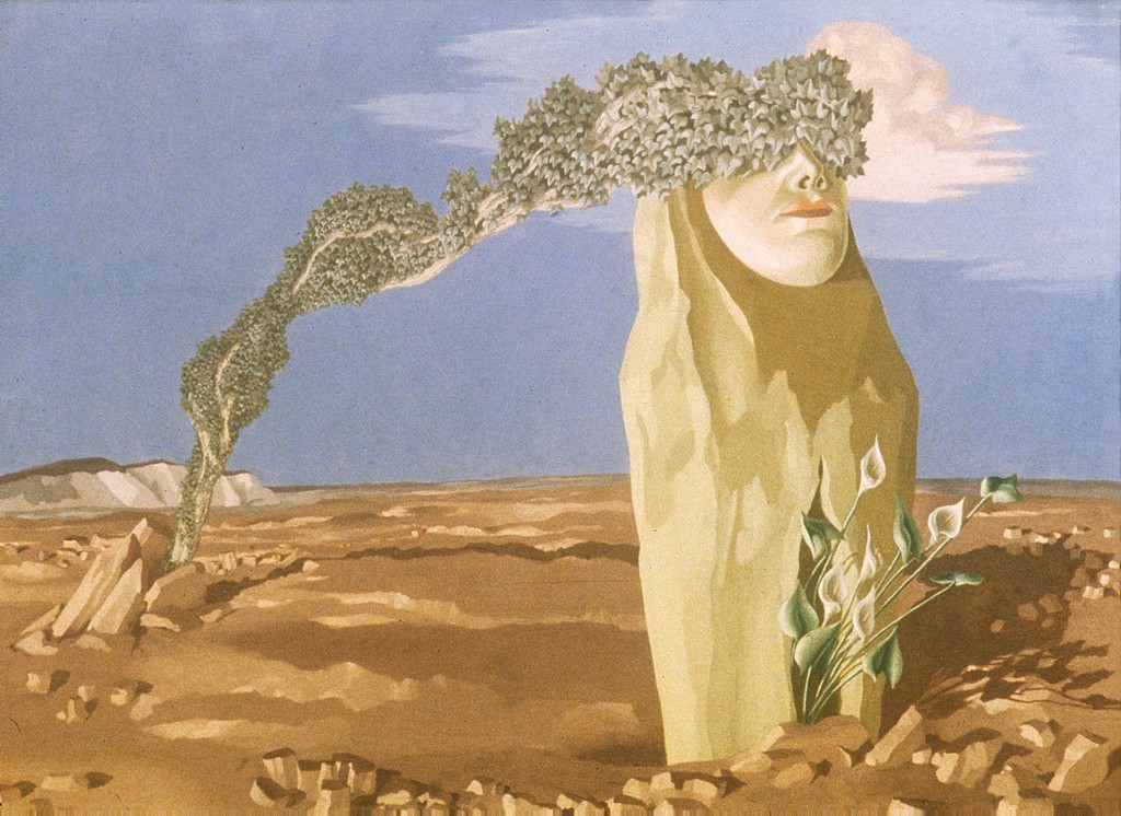A painting of a dream with a large bouler in the desert with a face. There appears to be a veil of flowers flowing from the eyes and forehead of the face.