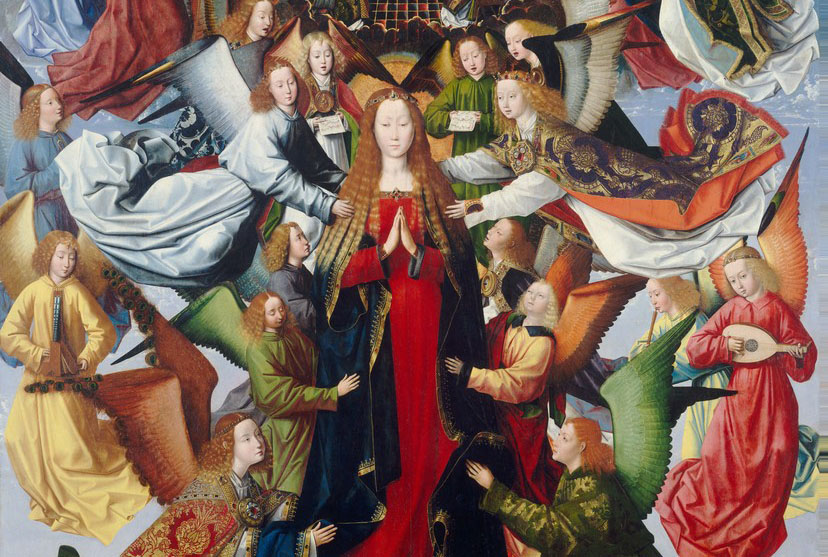 A picture of painting depicting Mary with long hair and robes in the center, surrounded by various celestial hosts in modern and ancient dress, playing instruments and attending to Mary.