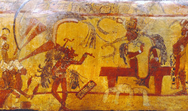 Dancers painted in red on a yellow colored vase.
