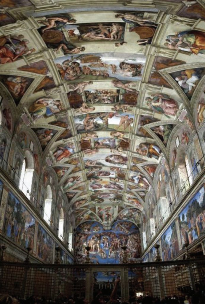 Photo of the ceiling of the Sistine Chapel painted by Machelangelo.
