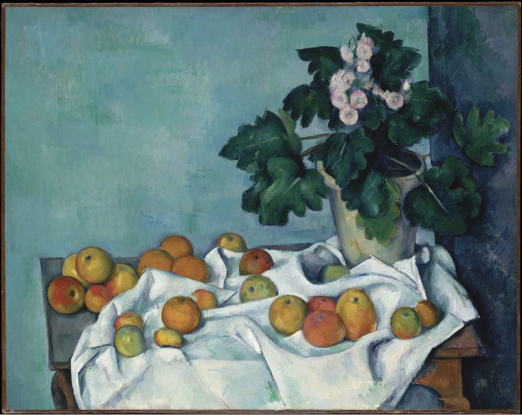 Painting of flower pot and apples spread over white cloth on small table