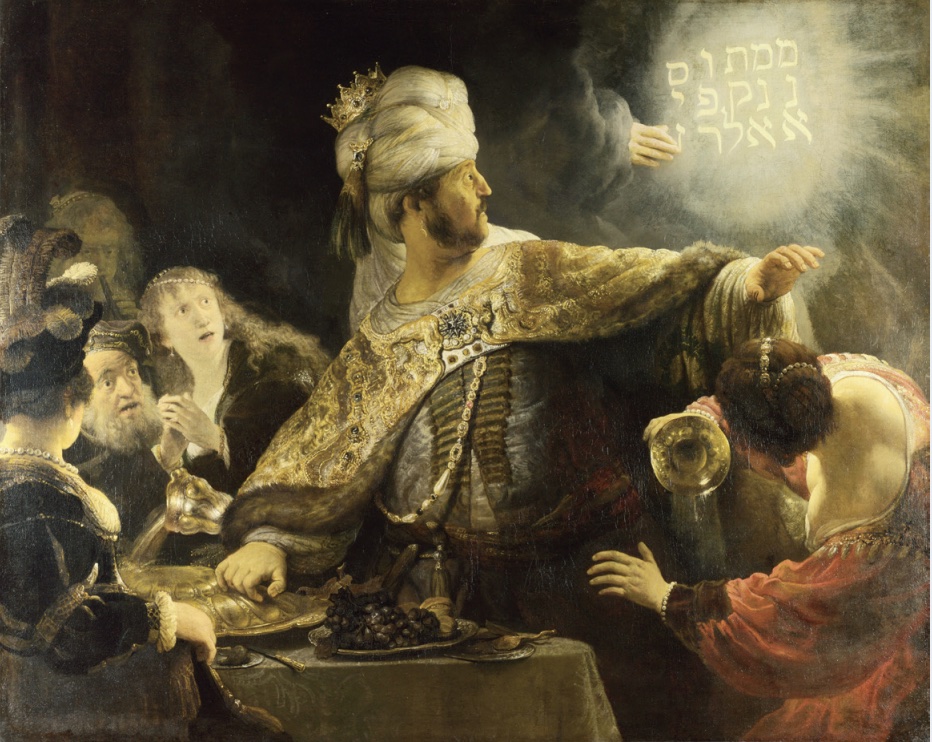Painting of man with head dressing, robe, and crown surrounded by onlookers at feast table