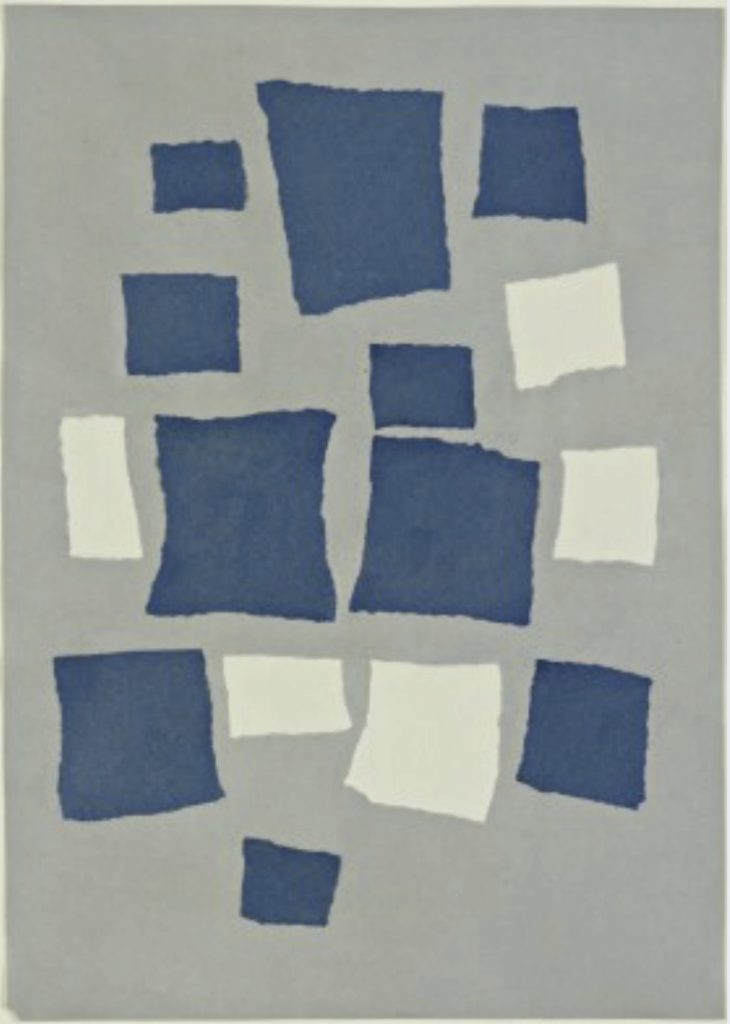 Painting of blue and white squares of varying sizes
