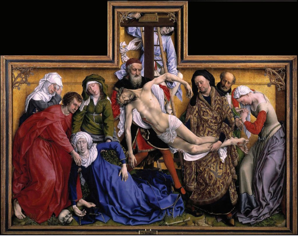 Painting of Jesus being brought down from cross with followers supporting and holding him on each side