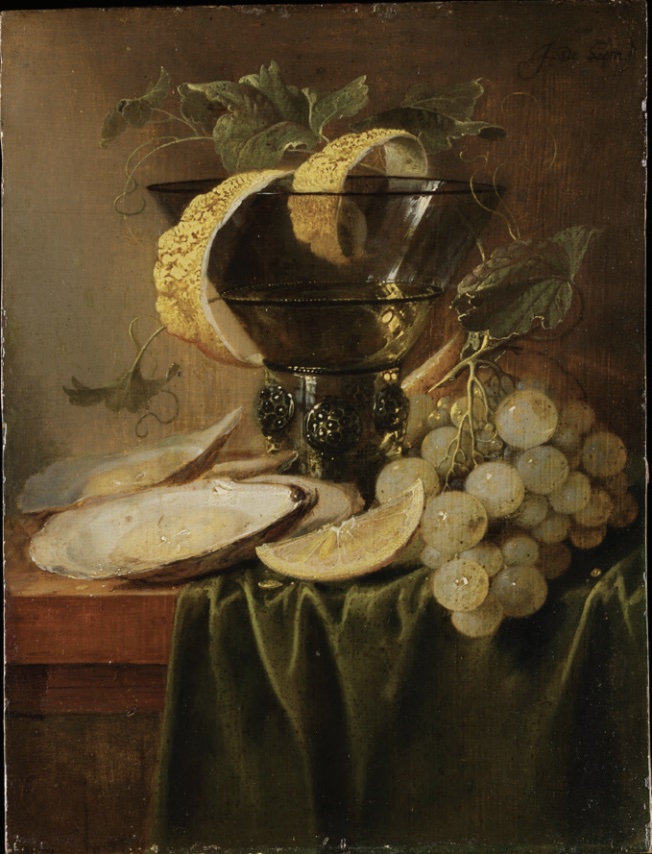 Painting of still life of oysters and a glass with orange slice on table