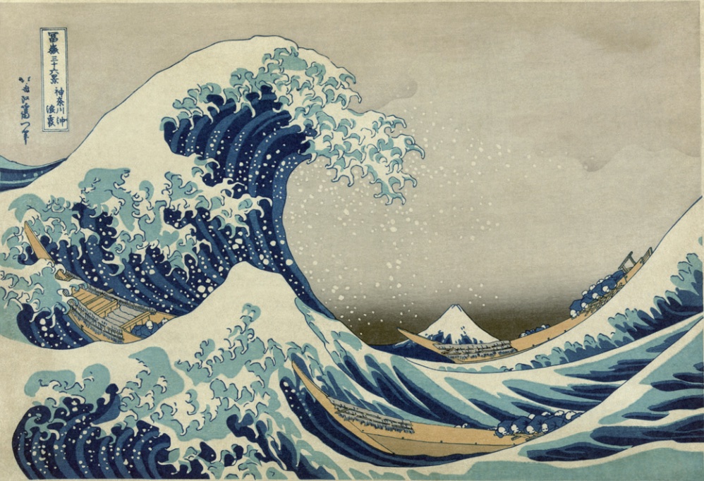 Painting of a large ocean wave with wooden canoes sloshing in the water