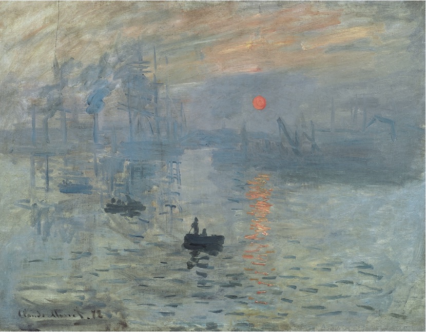 Painting of row boats on the water with sunrise and harbor in background