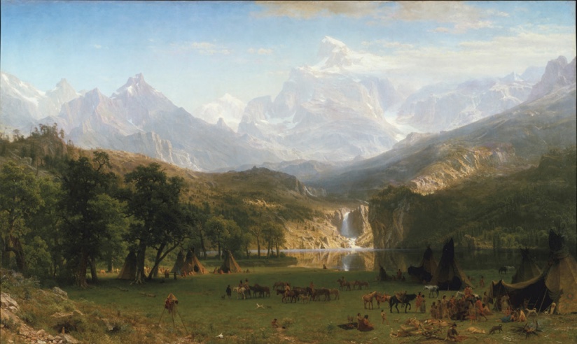 Painting of landscape of snow-capped mountains with waterfall and forest