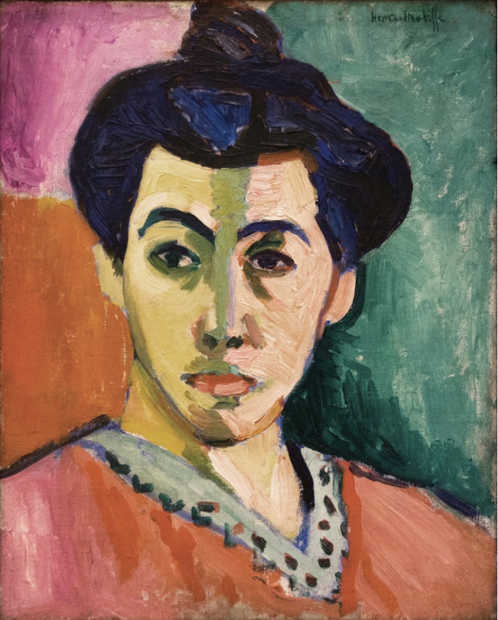Painting of a woman with dark hair in a top bun with green, red, purple hues in background