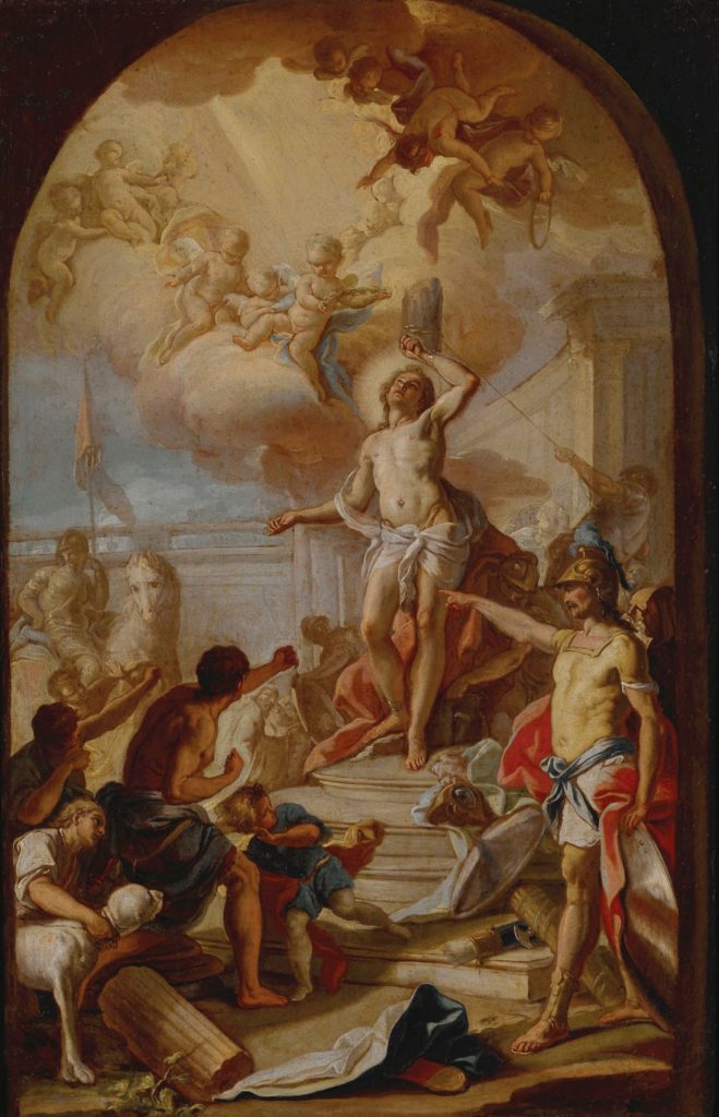 Image of Giacinto Diana painting showing St. Sebastian as martyr surrounded by onlookers.