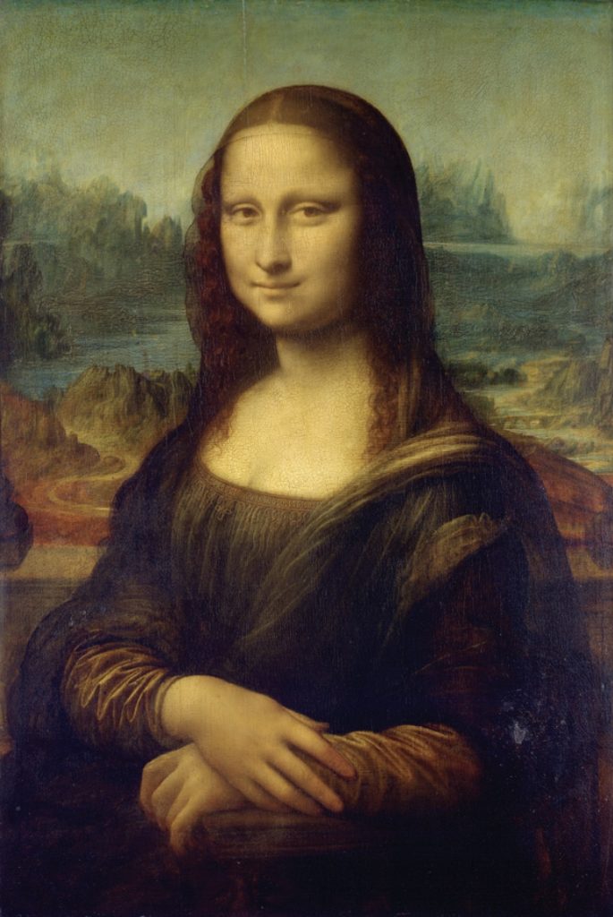 Painting of the Mona Lisa by Leonardo Da Vinci, a woman in robes looks serenely at viewer