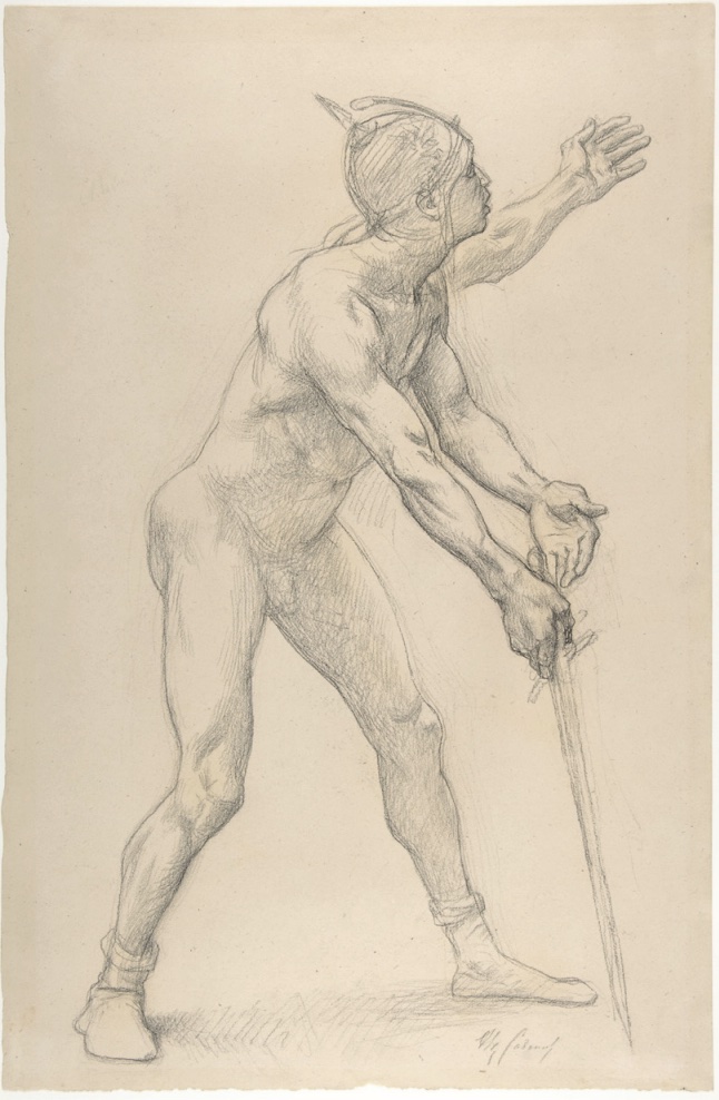 Drawing of nude male holding sword pointing downward into ground