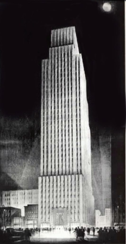 Photo of skyscraper at night looking up from ground level