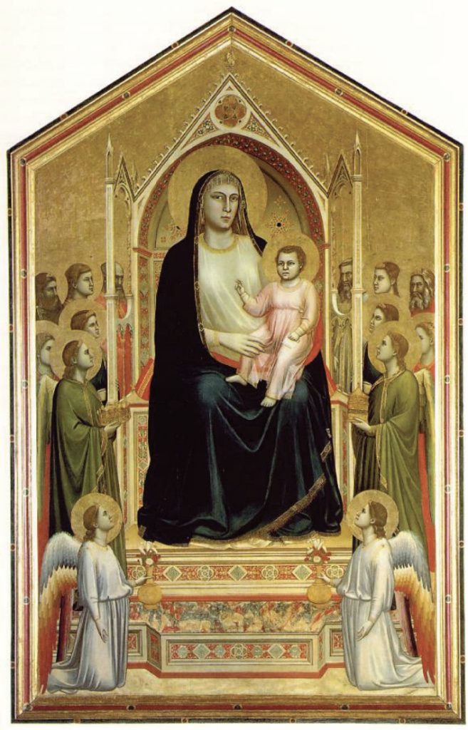 Painting of Madonna holding child with angels surrounding