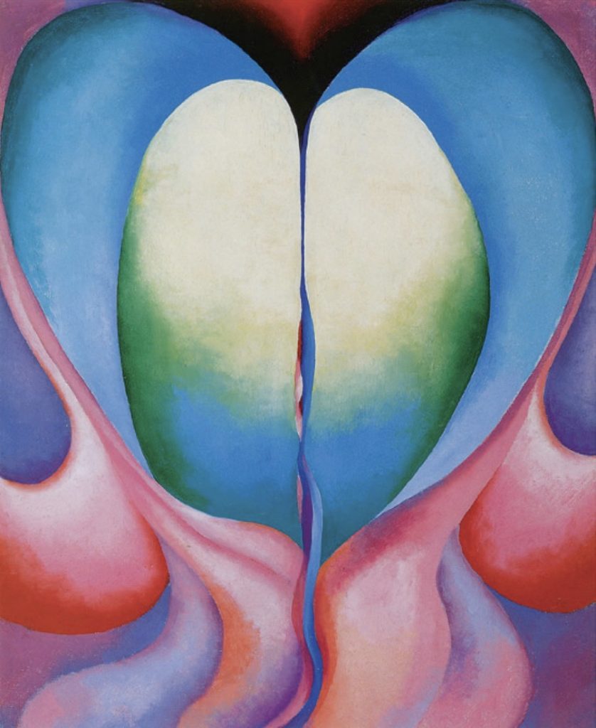 Image of Okeefe painting in the form of flower petals in hues of blue, green, white, red, pink