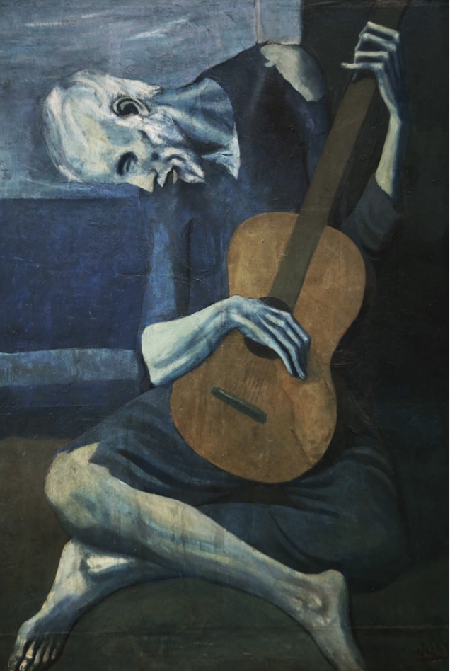 Painting of an old man bending over and playing guitar