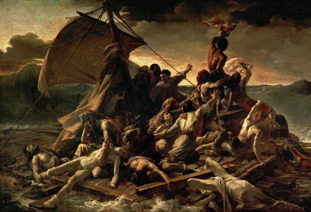 Painting of people on raft floating on sea in stormy waters.