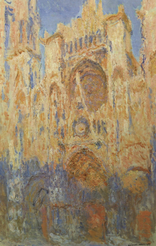Painting of the facade of a cathedral in pastel colors and impressionist style