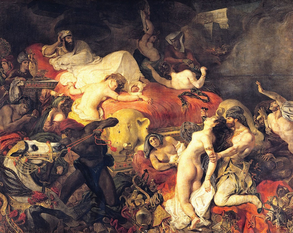 Painting of shadowed Assyrian king surveys a scene of carnage with dispassion from his bed