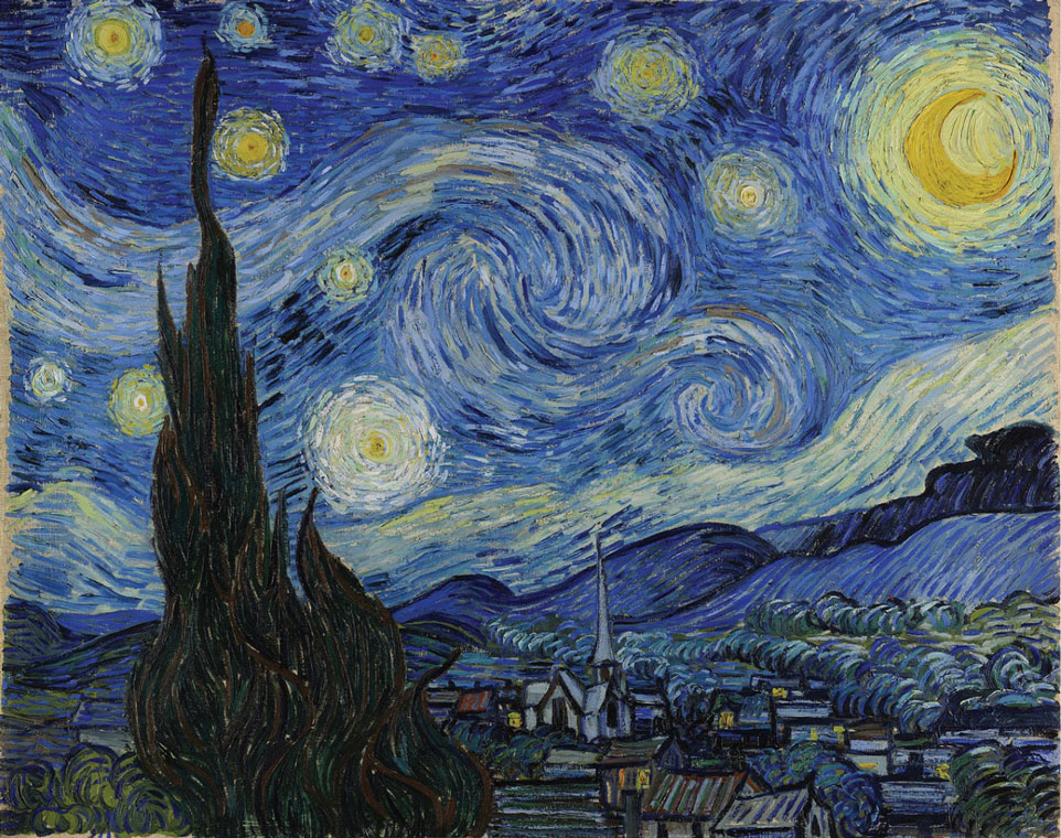 Painting of a starry night with swirls in sky and cathedral in the dark