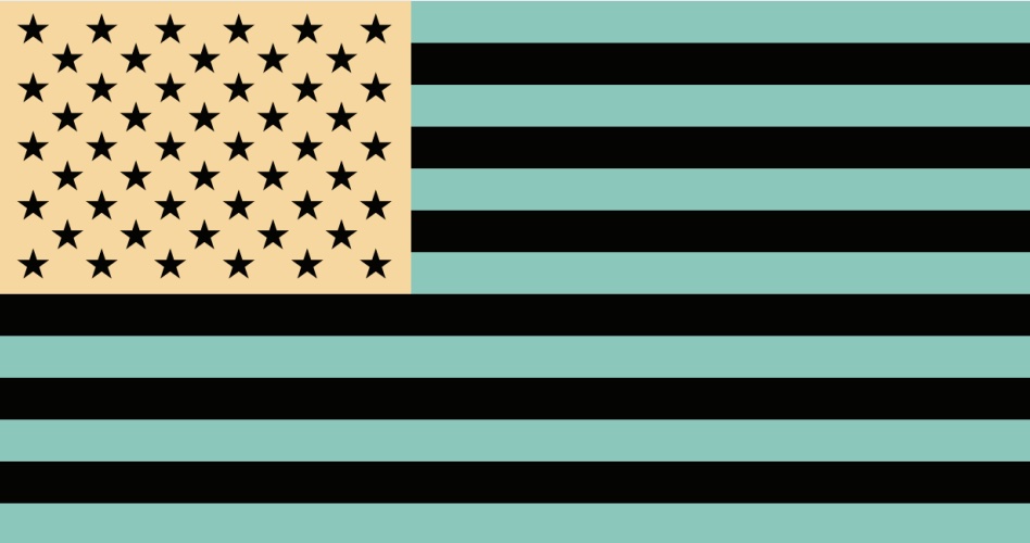 Illustration of US flag with green and black stripes and black stars on tan background