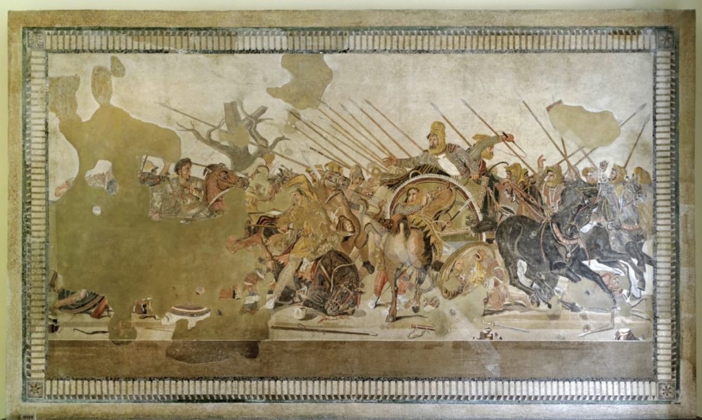 Painting of a battle scene among many warriors on horses wielding swords .