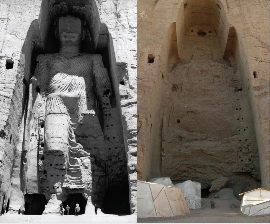 Photo of large statue of buddha carved into cliff wall (left) compared to cavity left behind after buddha statue was destroyed (right).