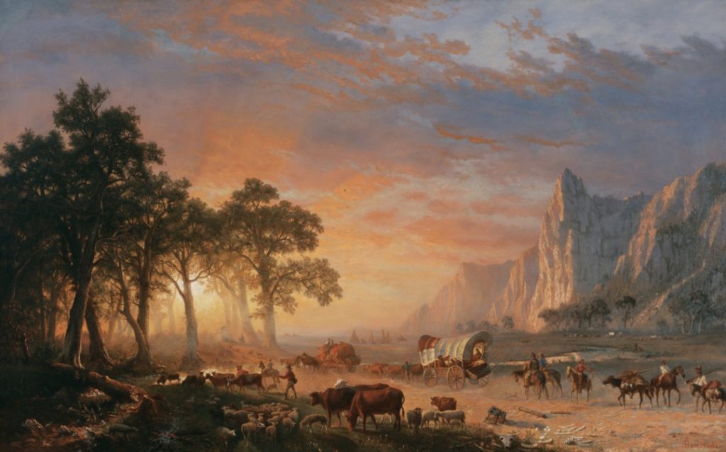 Image of painting of people crossing landscape with covered wagons and horses, among mountains, and trees.