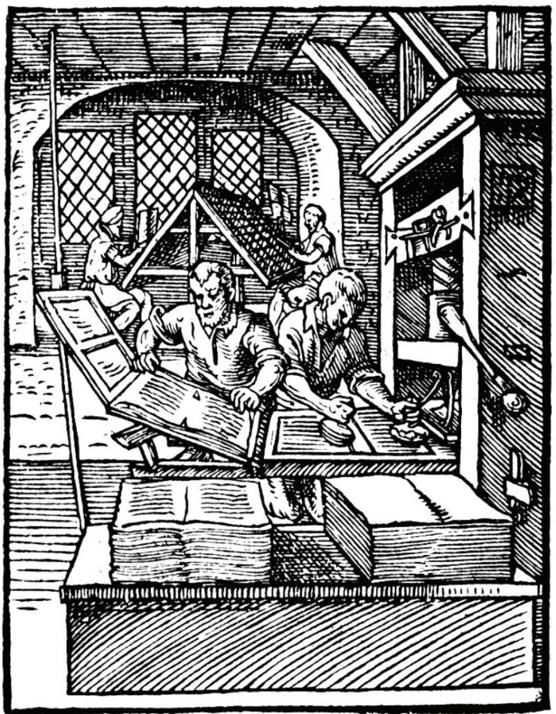 Etching of a scene depicting printers working in a 16th century printshop.