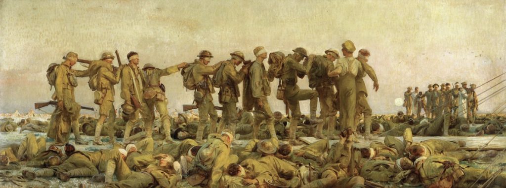 Painting of hundreds of men felled after poisoned with gas during battle with men standing in a line and blindfolded among them.