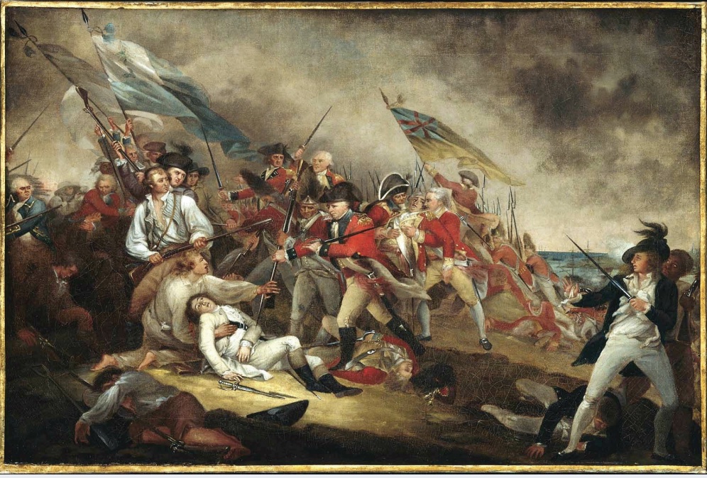 Painting of dead man approached by soldiers and generals weilding weapons during Revolutionary War battle.