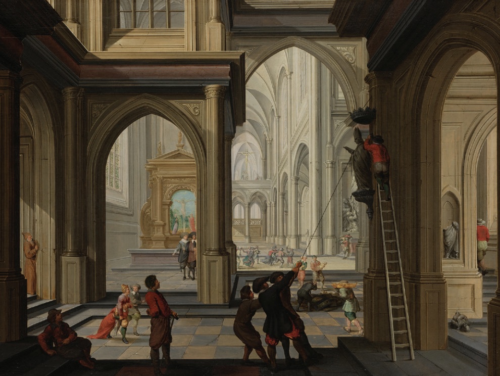 Painting of church officials removing religious paintings and sculptures from inside a cathedral.