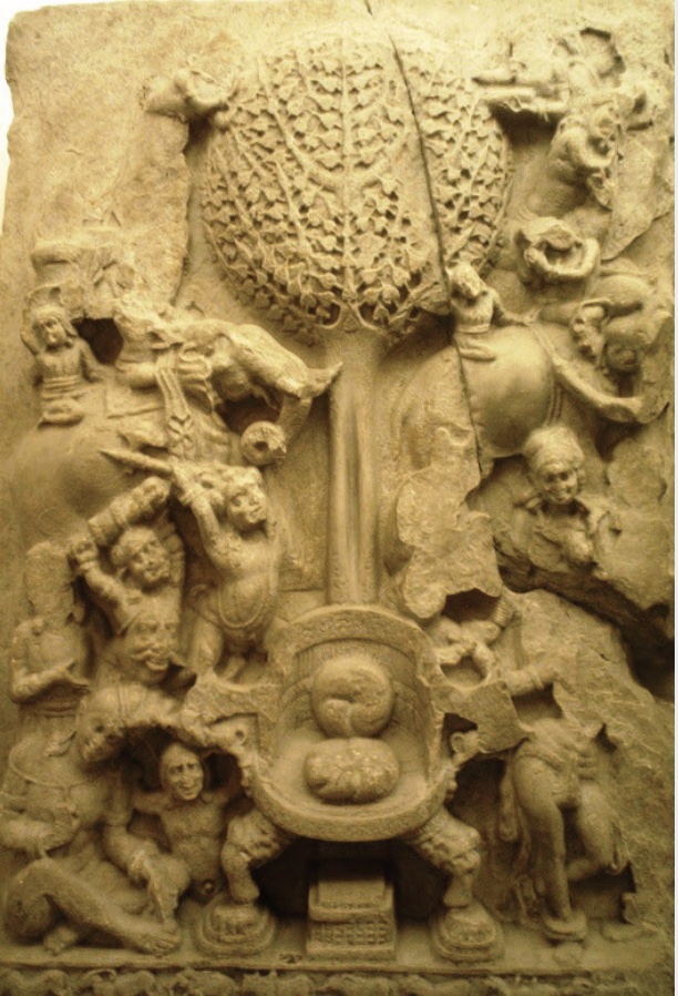 Carving of the seat of buddha that is empty, situated under Bodhi tree.