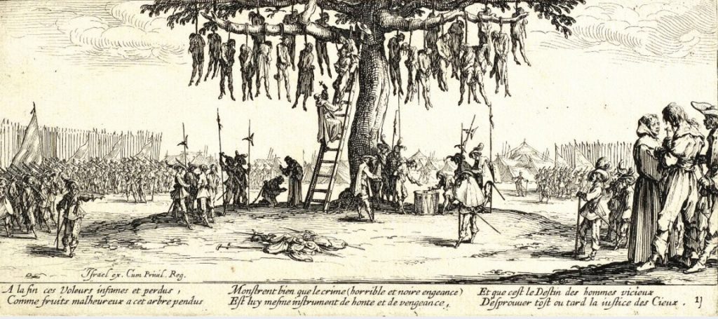 Drawing of men hanging from a tree with onlookers and soldiers surrounding.